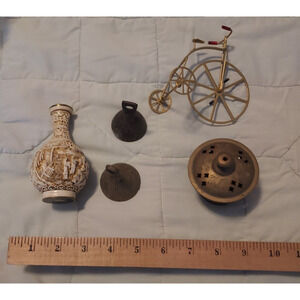 Brass Items Lot of 5 include ceramic covered brass vase 2 India bells 1 incense